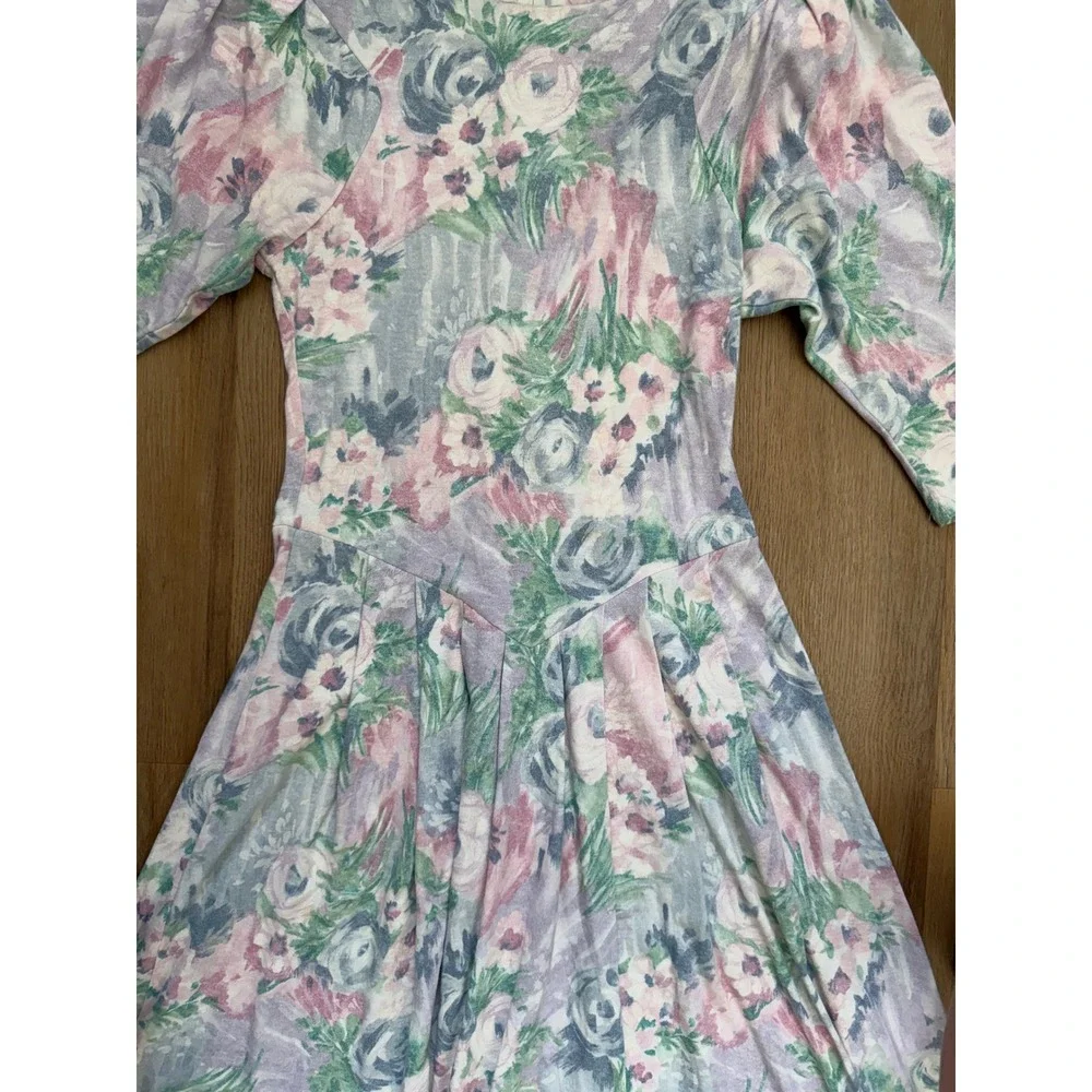 Vintage 80s Drop Waist Floral Dress Pastel 9 cottage prairie tea coastal